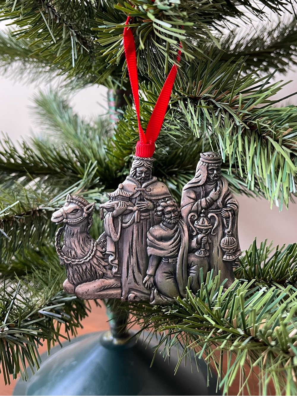 Classic Silver Three Wise Men Christmas Ornament with Red Ribbon